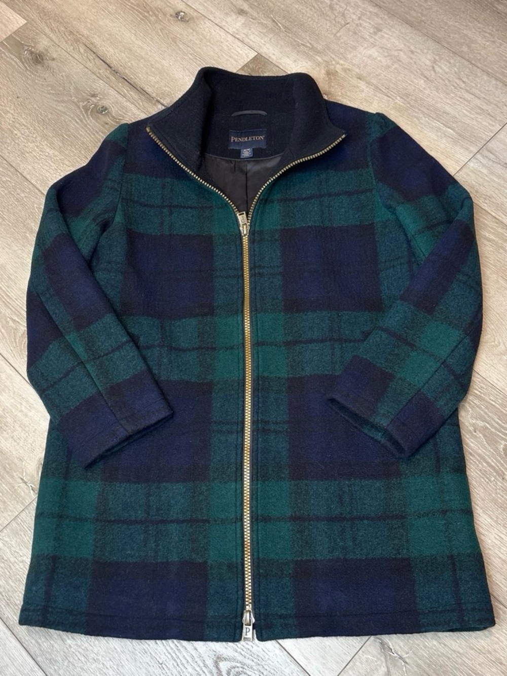 Pendleton Green & Navy Plaid Zip-Up Pea Coat